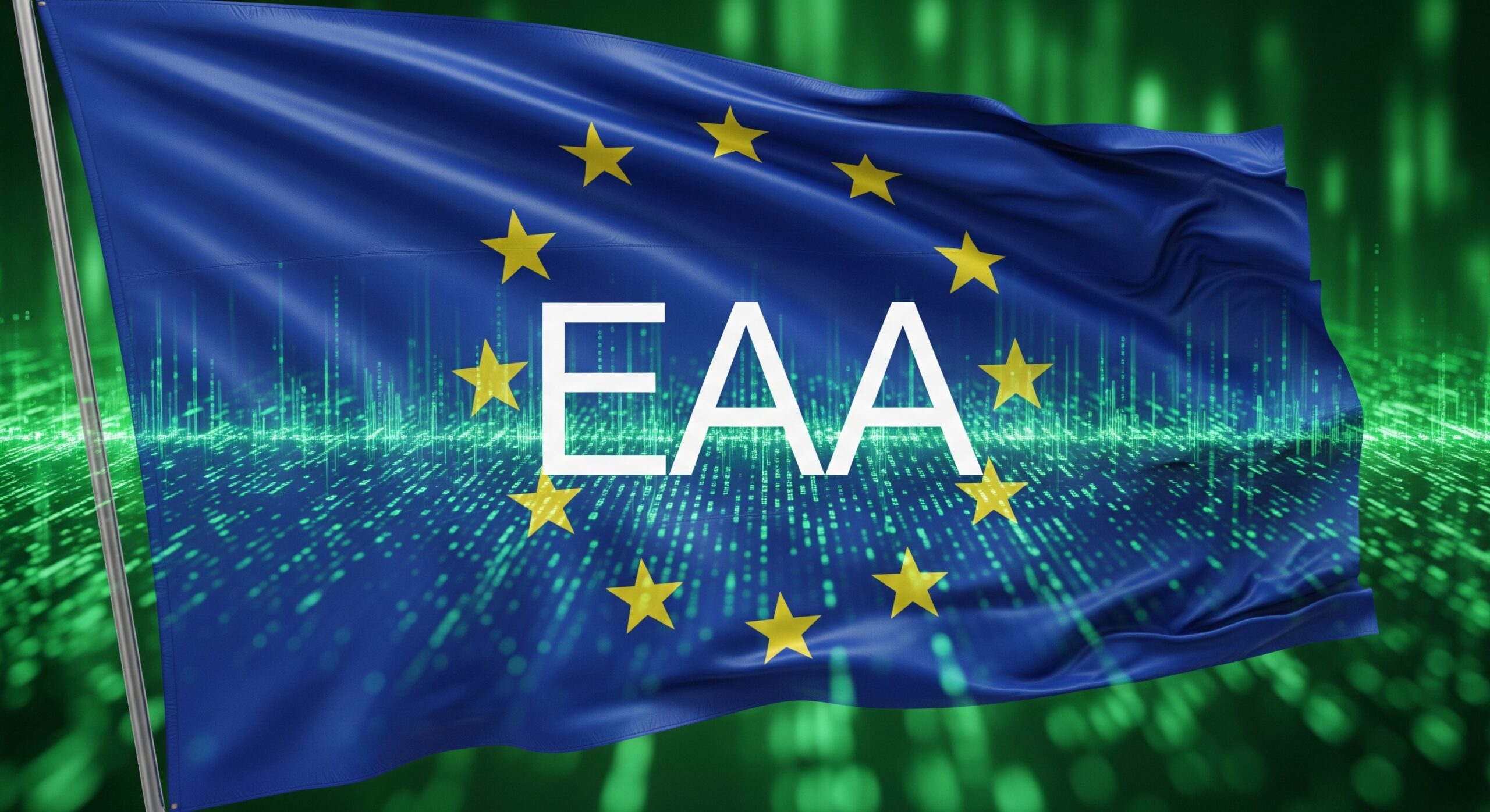 European Flag with the letters EAA superimposed over a matrix-style digital green background